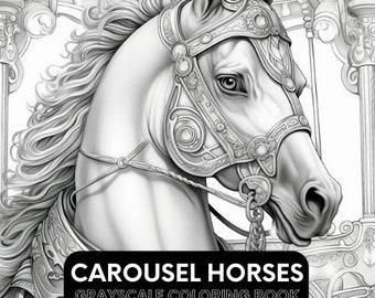 CAROUSEL HORSES - 50 Grayscale Coloring Pages