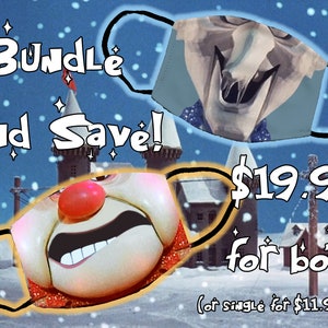 May include: Two face masks with cartoon character designs. One mask features a clown face with a red nose, and the other has a white-faced character. The text "BUNDLE And Save!" is displayed above the masks.