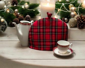 TEA COSY.  Teapot Cover for a Retro Kitchen Red Royal Stewart Cotton Tartan Plaid