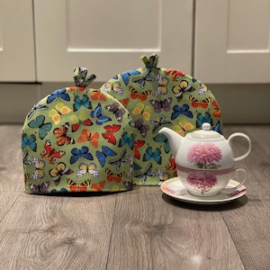 TEA COSY. Teapot Cover for a Retro Kitchen Green Blue Butterfly
