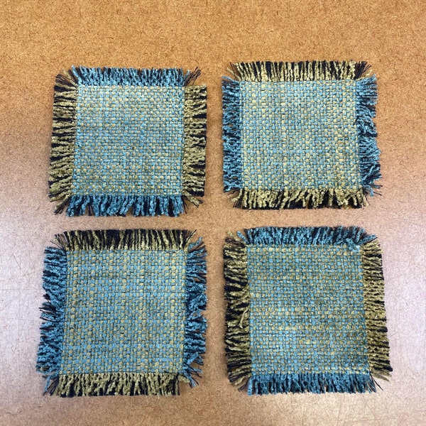 Fringed Coasters Fabric Cloth Coasters Turquoise  Gold Green Ivory Housewarming Party Kitchen Linens Drink Coasters Home Decor