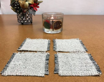 Fringed Coasters Fabric Cloth Coasters  Grey Ivory Housewarming Party Kitchen Linens Drink Coasters Home Decor