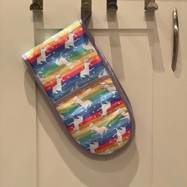 DOUBLE OVEN GLOVE Kitchen  Oven Mitt Pot Holder Rainbow Unicorn Decorative handmade oven glove offering medium heat protection medium size