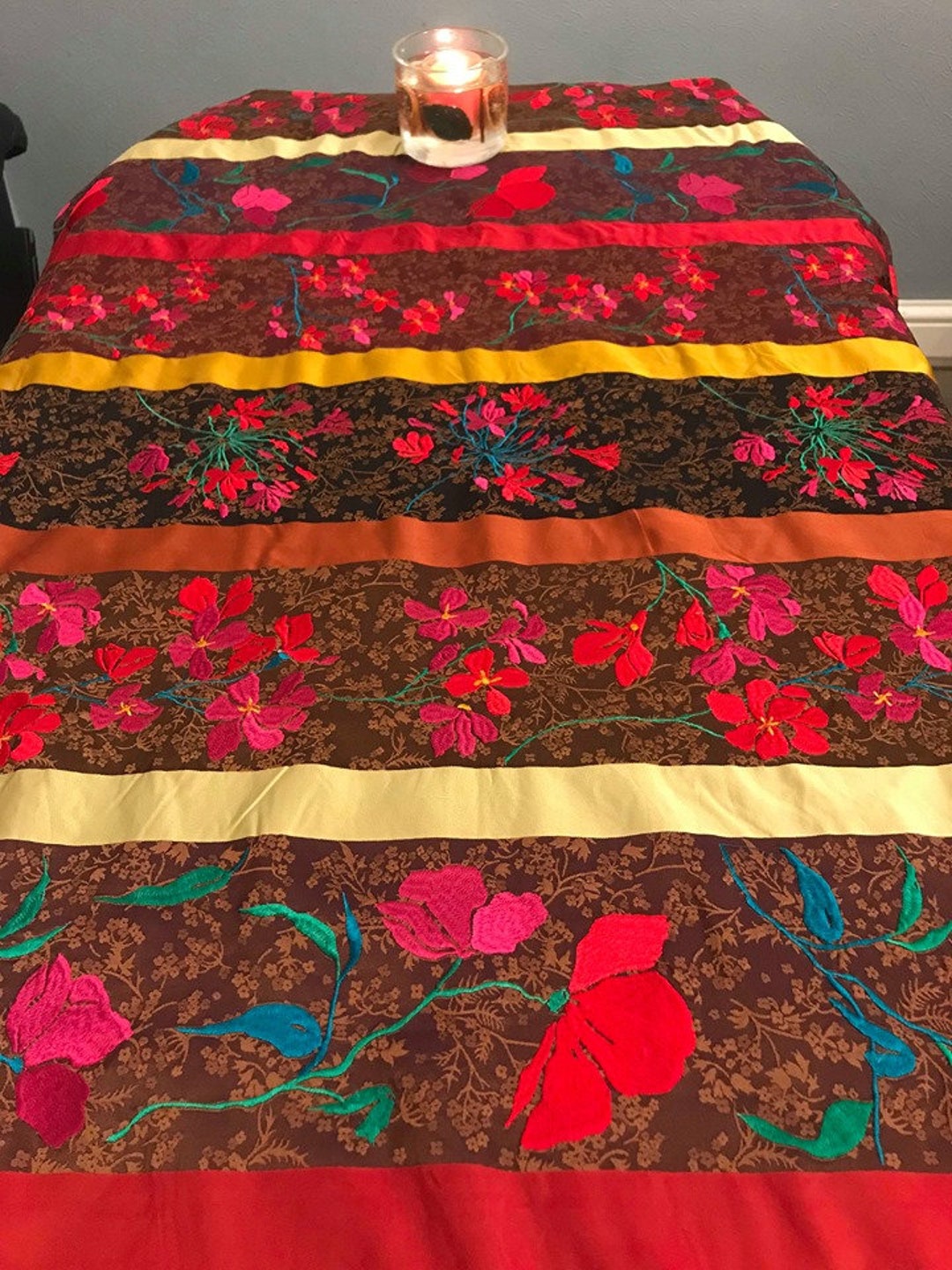 135 Cm Long Table Cloth Table Decor Embroidery Floral Silk Etsy