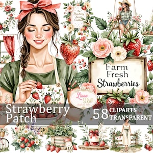 Clipart numérique fraise Patch 58, fraise fille, ferme PNG, fond transparent, illustration aquarelle