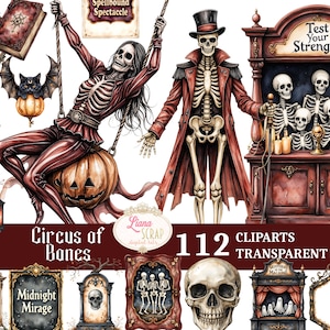 Op de afbeelding: Digitale kunstcollectie met een circusthema, met skeletten, pompoenen en vintage elementen. Bevat een skelet op een schommel, een skelet met hoge hoed en een kast met skeletfiguren. De tekst bevat "Circus of Bones" en "112 Cliparts Transparent PNG".