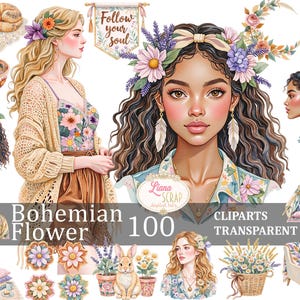 Boho bloem 100 digitale clipart - aquarel boho dieren, mensen, bloemen PNG voor scrapbooking, ambachten, planner stickers