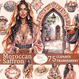Safran marocain 75 Clipart Set - Stickers numériques Boho, PNG transparents, Illustrations à l'aquarelle, Agenda déco, Scrapbooking, Art Design