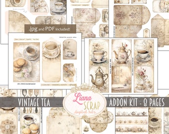 May include: Vintage tea digital scrapbooking kit with 9 pages of printable elements. The kit includes teacups, teapots, floral designs, and text elements. The kit is perfect for creating vintage-inspired scrapbook pages, cards, and other paper crafts.