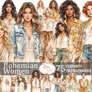 Boho femmes Clipart 75 modèles - aquarelle mode filles - PNG transparent pour art numérique, agendas, autocollants, scrapbooking, mode