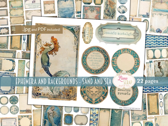 Junk Journal Ephemera, Sand and Sea Fussy Cuts Printable, Mermaid Embellishment Vintage Backgrounds