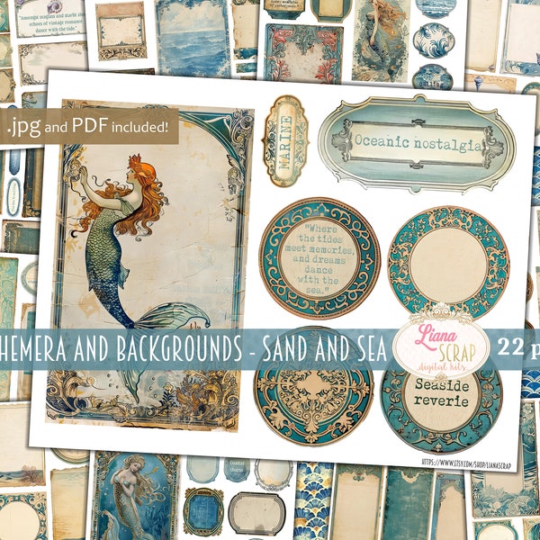 Junk Journal Ephemera, Sand and Sea Fussy Cuts Printable, Mermaid Digital Download, Embellishment and Vintage Backgrounds  for Junk Journals