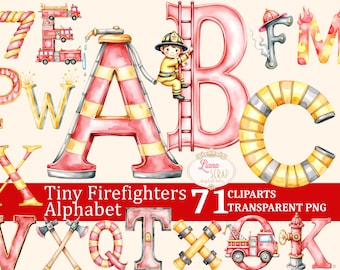 Firefighter Alphabet Watercolor Clipart Set – Firetrucks, Letters, Numbers (PNG)