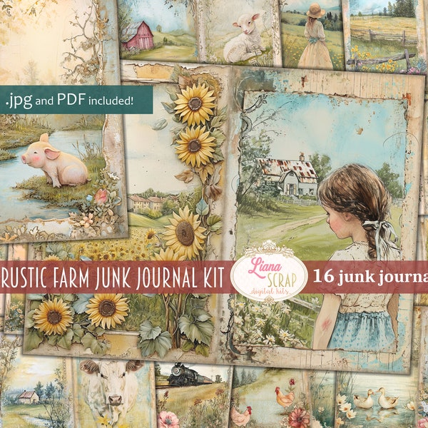 Rustic Farm Junk Journal Digital Kit, Cottagecore Country Living Collage Printables, Farm Animals Kit, Cottage Garden Junk Journal Paper