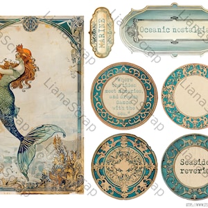 May include: A collection of vintage-style digital art elements with a mermaid illustration, decorative frames, and labels. The mermaid has red hair and a blue tail. The frames and labels feature teal and gold accents, with text like "Oceanic nostalgia" and "Seaside reverie."