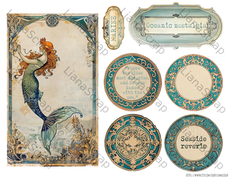May include: A collection of vintage-style digital art elements with a mermaid illustration, decorative frames, and labels. The mermaid has red hair and a blue tail. The frames and labels feature teal and gold accents, with text like "Oceanic nostalgia" and "Seaside reverie."