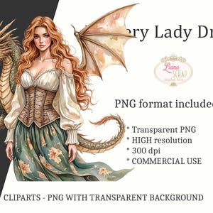 Fantasy Lady Dragon Clipart Set, Watercolor Illustrations (PNG) image 6