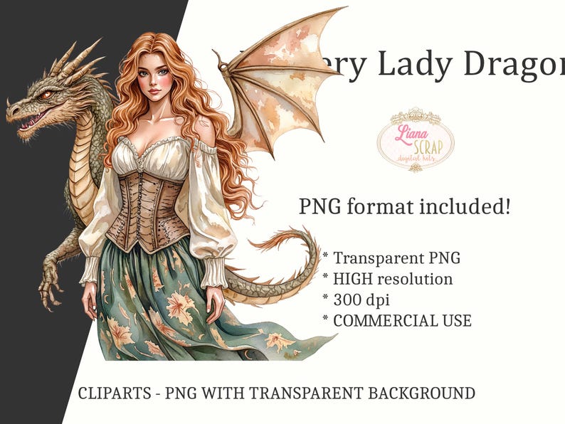Fantasy Lady Dragon Clipart Set, Watercolor Illustrations (PNG) image 6