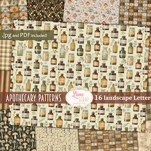 Apothecary Patterns, Background Printable, Digital Junk Journal, Botanical Journal Paper, 16 pages, US Letter format image 1