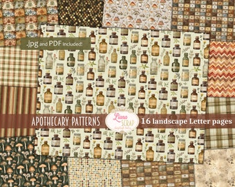 Apothecary Patterns, Background Printable, Digital Junk Journal, Botanical Journal Paper, 16 pages, US Letter format