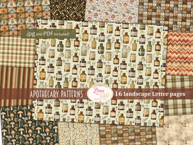 Apothecary Patterns, Background Printable, Digital Junk Journal, Botanical Journal Paper, 16 pages, US Letter format image 1