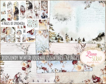 Kit de journal indésirable bordeaux Winter Essentials, collages d'hiver à imprimer, kit d'hiver numérique avec papier ligné et arrière-plans