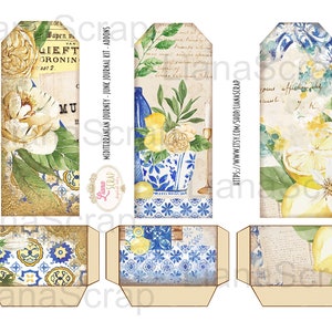 May include: A set of printable junk journal kit add-ons featuring a Mediterranean theme. The kit includes images of lemons, flowers, and blue and white patterned tiles. The text "Mediterranean Journey - Junk Journal Kit - Addons" is printed on the kit.