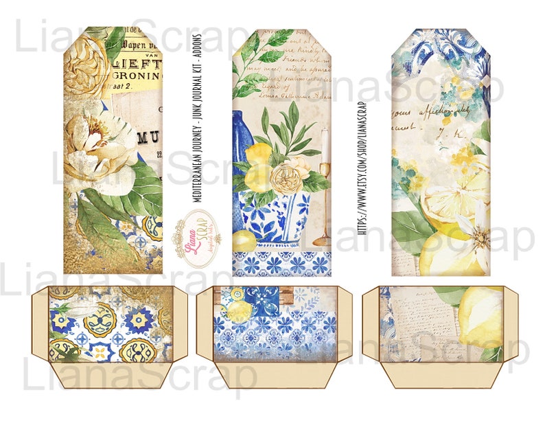 May include: A set of printable junk journal kit add-ons featuring a Mediterranean theme. The kit includes images of lemons, flowers, and blue and white patterned tiles. The text "Mediterranean Journey - Junk Journal Kit - Addons" is printed on the kit.