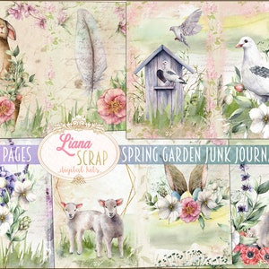 Spring Garden Junk Journal Digital Kit Printable, Spring Flowers and Bunnies Digital Collage Sheets, Junk Journal Paper