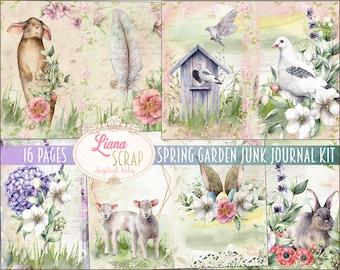 May include: A digital scrapbook kit with 16 pages featuring watercolor illustrations of a spring garden. The kit includes images of bunnies, birds, flowers, lambs, and a birdhouse. The text "Spring Garden Junk Journal Kit" is displayed on the image.