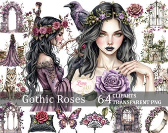 Gotische rozen clipartset donkere bloemen wolf raaf digitale kunst - 64 afbeeldingen