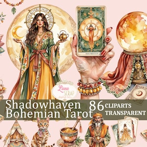 Tarot Boho de Shadowhaven - 86 imágenes prediseñadas, diseños místicos de brujas, pegatinas digitales para planificadores, PNG transparente, arte bohemio, espiritual