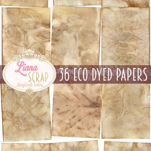 May include: 36 eco-dyed papers with leaf patterns in shades of brown and beige. The papers are arranged in a grid pattern. The text "Liana Scrap...digital kits..." and "36 ECO DYED PAPERS" are visible in the image.