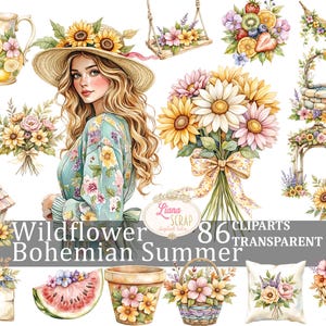 86 Imagens Clipart de Flores Silvestres Boho Verão Transparente PNG Adesivos para Planejador Digital de Flores de Verão Arte Boho, Vibrações Boho de Verão, Jardim