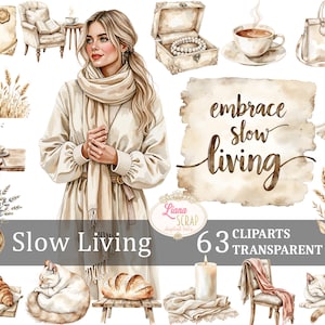 Set di 63 clipart digitali "Slow Living" - PNG acquerello, decorazioni vintage, estetica accogliente, minimalista, clipart per planner, moda