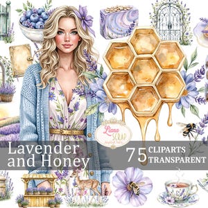 Lavendel en honing 75 digitale clipartset, bijen, lavendel PNG, honingraat, bloemdessin, transparante achtergrond