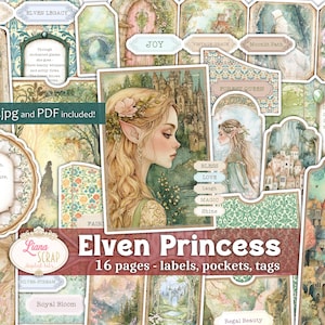 Kit adicional de diario basura de princesas elfas: 16 páginas digitales de fantasía con etiquetas, sobres, bolsillos, etiquetas, recortes, álbumes de recortes efímeros imprimibles