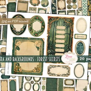 Éphémères pour journaux indésirables, Forest Secrets, coupes difficiles, imprimable, téléchargement numérique, embellissements et arrière-plans vintage pour journaux indésirables
