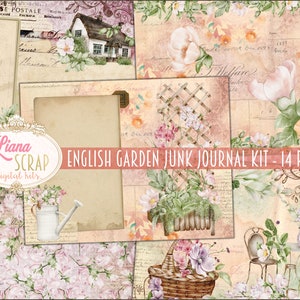 English Garden Junk Journal Digital Kit Printable, Flowers and gardening Digital Collage Sheets, Junk Journal Paper
