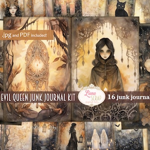 May include: A digital junk journal kit with 16 pages featuring illustrations of a dark-haired woman in a forest setting. The kit includes images of a black cat, a lantern, and a pumpkin. The text "Evil Queen Junk Journal Kit" and "16 junk journal pages" is included in the image.