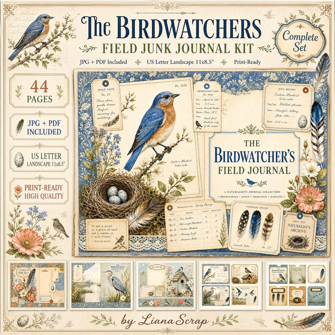 Printable Junk Journal Kit the Birdwatchers Field, 44 Pages of Vintage ...