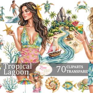 Ensemble de 70 images de clipart lagune tropicale - aquarelles de plage, autocollants de planificateur numérique d'été, PNG transparent, illustration côtière