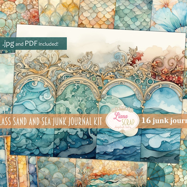 Stained Glass Sand and Sea Junk Journal, basic background paper, digital paper, printable, stained glass journal, paper, sea background
