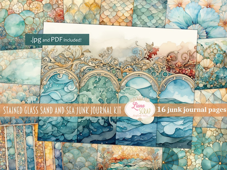 Stained Glass Sea Junk Journal Kit, Blue & Gold Paper (PDF) - Etsy