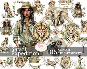 Safari Animals Clipart Set, Expedition PNG Graphics (Digital Download)