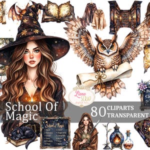 魔法学校 80 枚のクリップアート画像 - デジタルプランナーステッカー、透明 PNG、魔女アート、ファンタジーイラスト、魔法使いと魔女