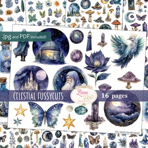 Efímera de diario basura, cortes celestiales quissy imprimibles, descarga digital, pegatinas de galaxia de medianoche, adornos para diarios basura