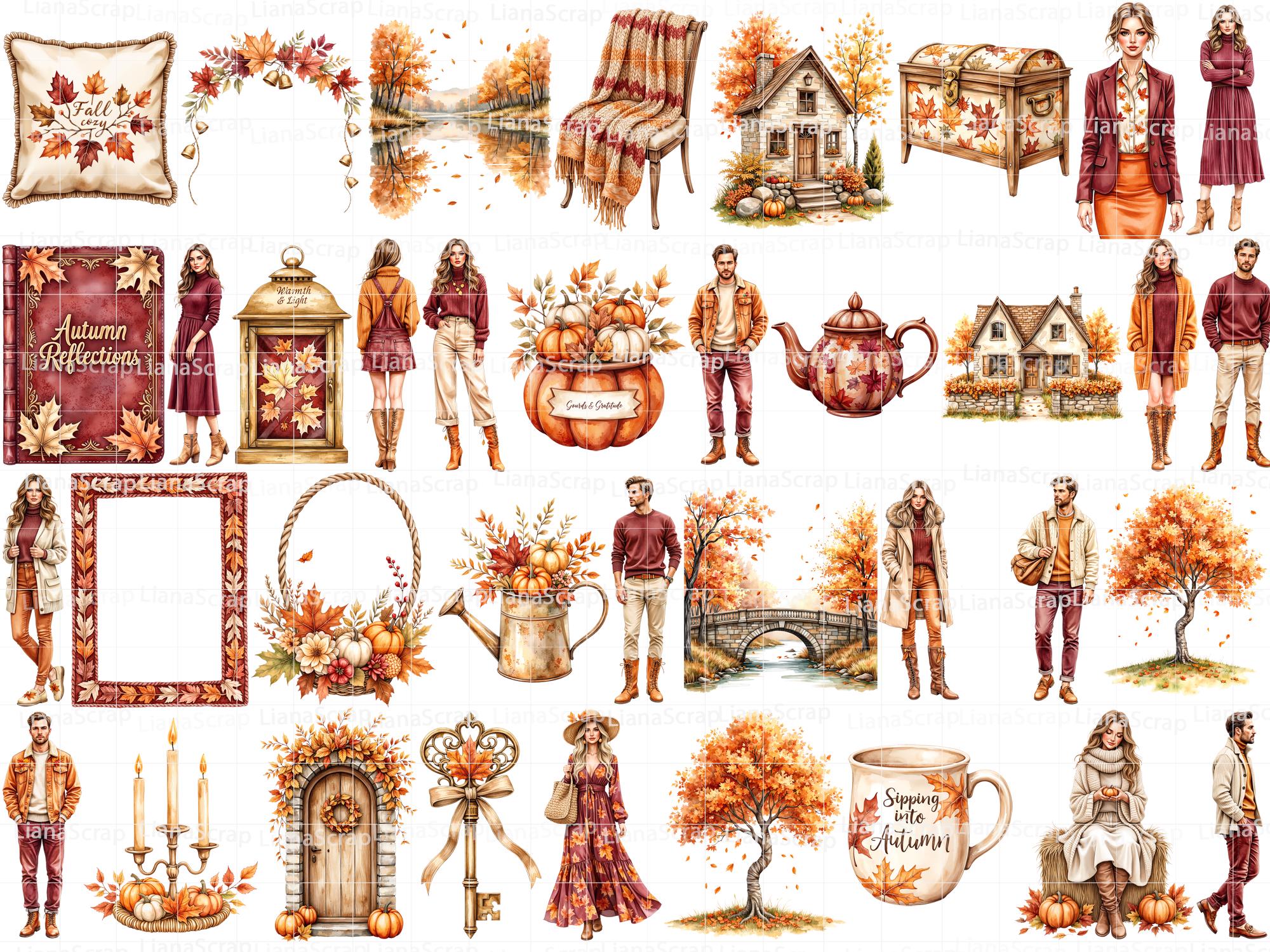 Watercolor Autumn Clipart Set – Cozy Fall PNG Graphics (104 Images) - Etsy