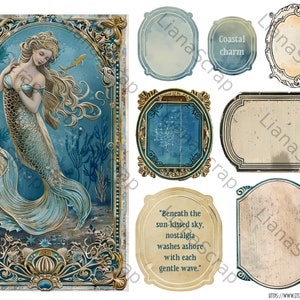 May include: Digital art featuring a mermaid with flowing blonde hair and a turquoise tail, set in an underwater scene. Includes various decorative frames and labels with text like "Coastal charm" and a quote. The artwork has a vintage, nautical theme.