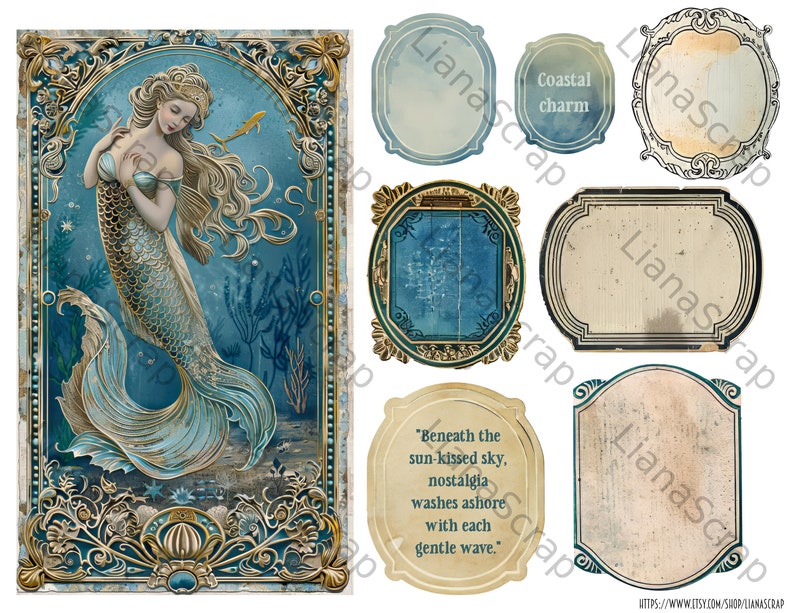 May include: Digital art featuring a mermaid with flowing blonde hair and a turquoise tail, set in an underwater scene. Includes various decorative frames and labels with text like "Coastal charm" and a quote. The artwork has a vintage, nautical theme.